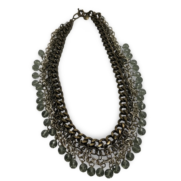 J. Crew Jewelry - J.Crew Layered Chain Statement Necklace Green Glass Beads Antique Brass